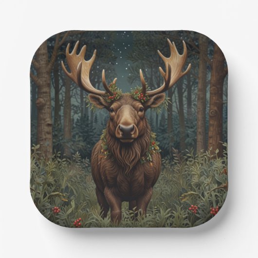 Rustic Christmas moose deer boho woodland forest ペーパープレート (正面)