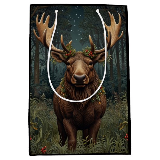 Rustic Christmas moose deer boho woodland forest  ミディアムペーパーバッグ (正面)