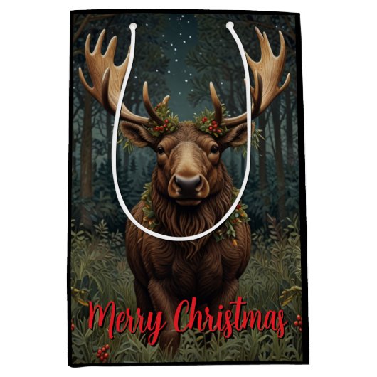 Rustic Christmas moose deer boho woodland forest  ミディアムペーパーバッグ (正面)