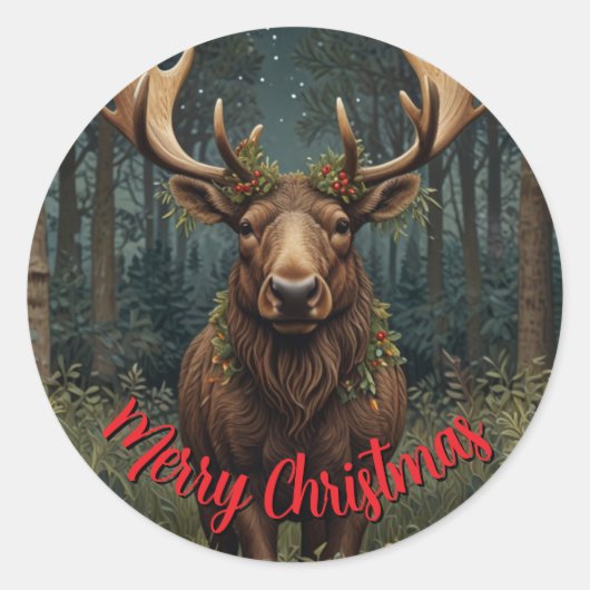 Rustic Christmas moose deer boho woodland forest  ラウンドシール (正面)