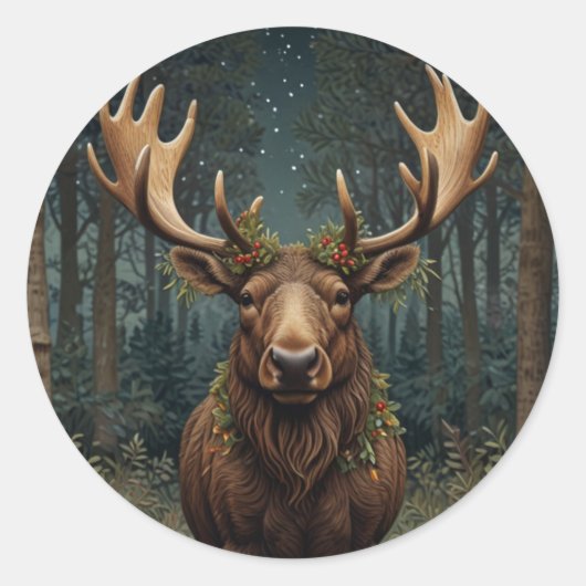 Rustic Christmas moose deer boho woodland forest  ラウンドシール (正面)