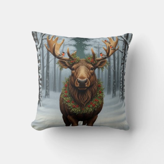 Rustic Christmas moose winter woodland forest  クッション (正面)