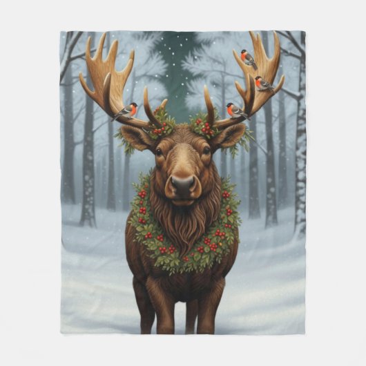 Rustic Christmas moose winter woodland forest  フリースブランケット (正面)