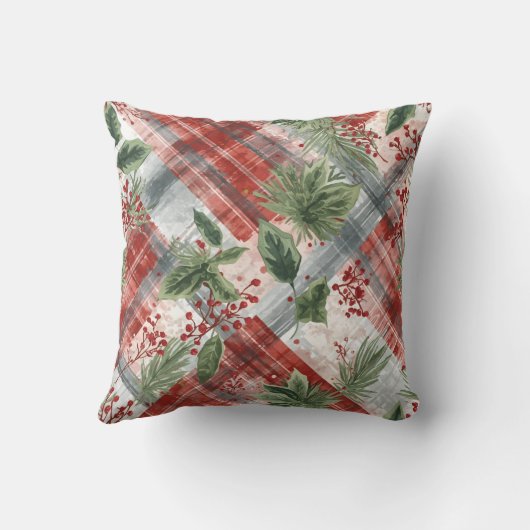 Rustic Christmas Plaid with Winter Pine & Berries クッション (裏面)