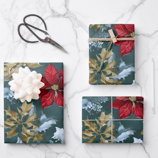 Rustic Christmas Poinsettia Wrapping Paper ラッピングペーパーシート (正面)