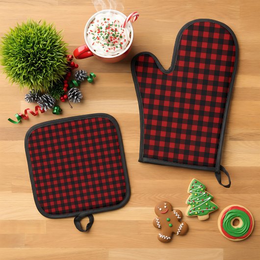 Rustic Christmas Red & Black Buffalo Plaid 鍋つかみ&鍋敷きセット