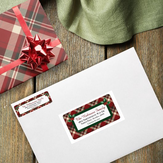 Rustic Christmas Red Green Tartan Plaid Address ラベル