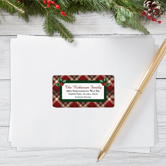 Rustic Christmas Red Green Tartan Plaid Address ラベル