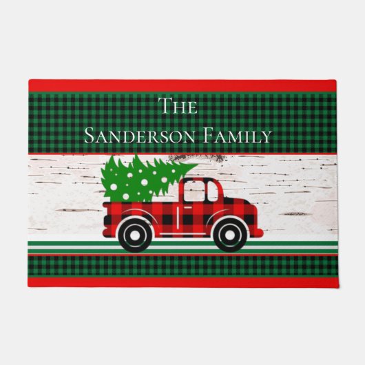 Rustic Christmas Red Truck Green Buffalo Plaid ドアマット (正面)