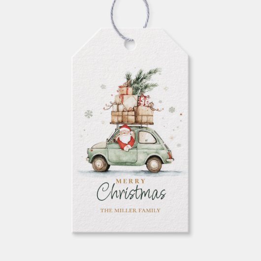 Rustic Christmas Santa Car Watercolor ギフトタグ (正面)