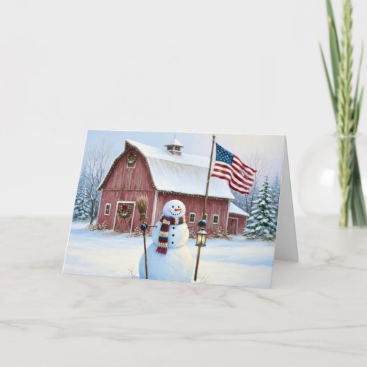 Rustic Christmas Snowman American Flag シーズンカード (正面)