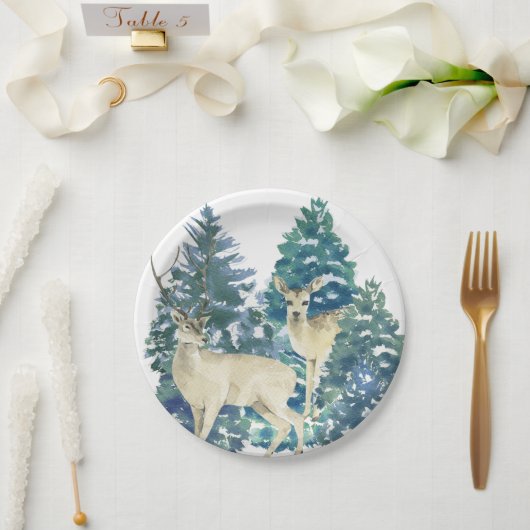 Rustic Christmas Snowy Forest Deer Decor For Home ペーパープレート (ウェディング)