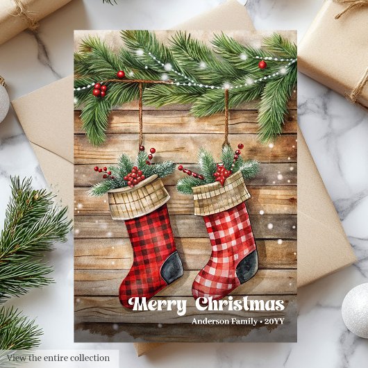 Rustic Christmas stocking traditional pine wreath シーズンカード