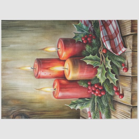 Rustic Christmas tissue paper red candles holly 薄葉紙 (正面)