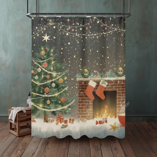 Rustic Christmas Tree and Fireplace Shower Curtain シャワーカーテン