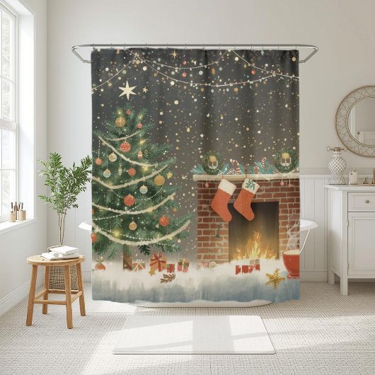 Rustic Christmas Tree and Fireplace Shower Curtain シャワーカーテン