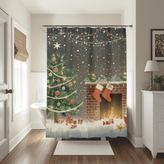 Rustic Christmas Tree and Fireplace Shower Curtain シャワーカーテン