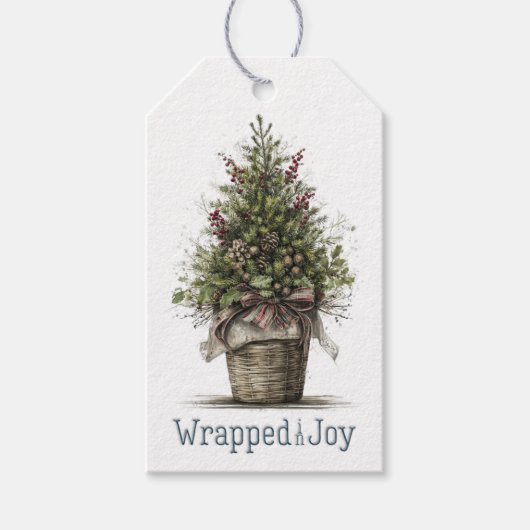 Rustic Christmas Tree Basket "Wrapped in Joy" ギフトタグ (正面)