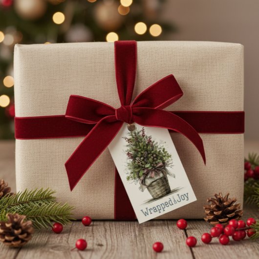 Rustic Christmas Tree Basket "Wrapped in Joy" ギフトタグ