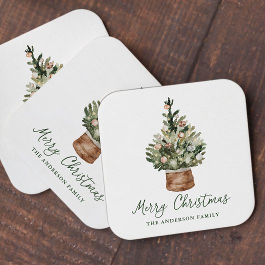 Rustic Christmas Tree Ornaments Neutral Holiday スクエアペーパーコースター