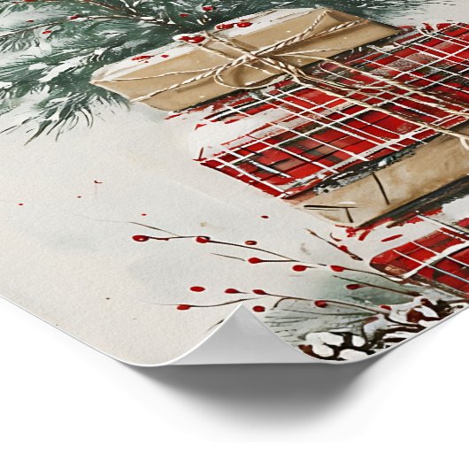 Rustic Christmas Tree & Plaid Gift Stack ポスター (角)