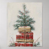 Rustic Christmas Tree & Plaid Gift Stack  ポスター (正面)