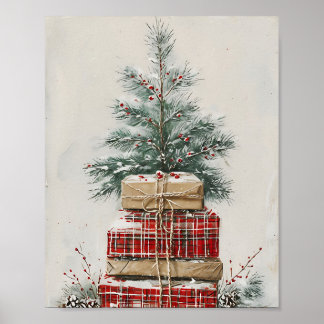 Rustic Christmas Tree & Plaid Gift Stack  ポスター