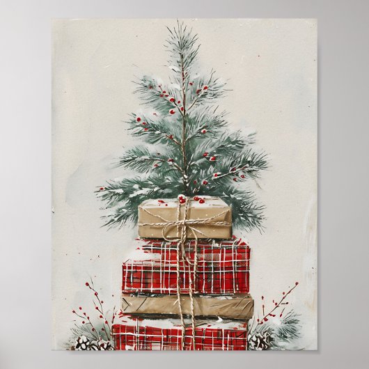 Rustic Christmas Tree & Plaid Gift Stack  ポスター (正面)