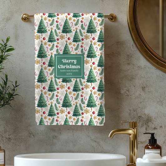Rustic Christmas trees red green gold bath towel バスタオルセット