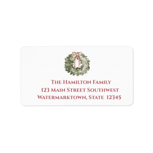 Rustic Christmas Watercolor Wreath and Bow ラベル (正面)
