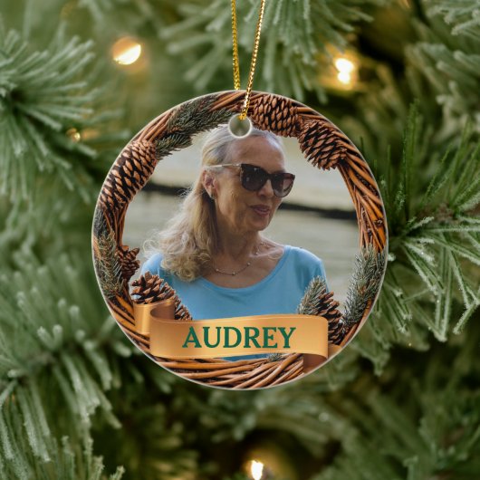 Rustic Christmas Wreath ANY Photo Tree Ornament セラミックオーナメント (ツリー)
