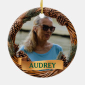 Rustic Christmas Wreath ANY Photo Tree Ornament セラミックオーナメント (裏面)