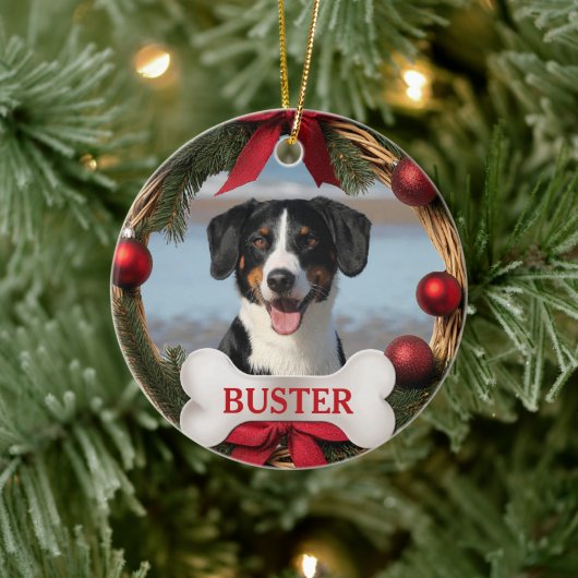 Rustic Christmas Wreath Dog Photo Tree Ornament セラミックオーナメント (ツリー)