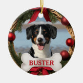 Rustic Christmas Wreath Dog Photo Tree Ornament セラミックオーナメント (正面)