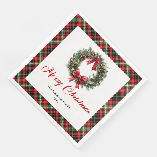 Rustic Christmas Wreath Napkins Red Green Pattern (コーナー)
