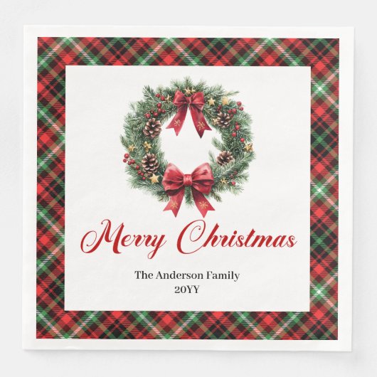 Rustic Christmas Wreath Napkins Red Green Pattern (正面)