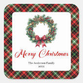 Rustic Christmas Wreath Red Green Plaid Stickers スクエアシール (正面)