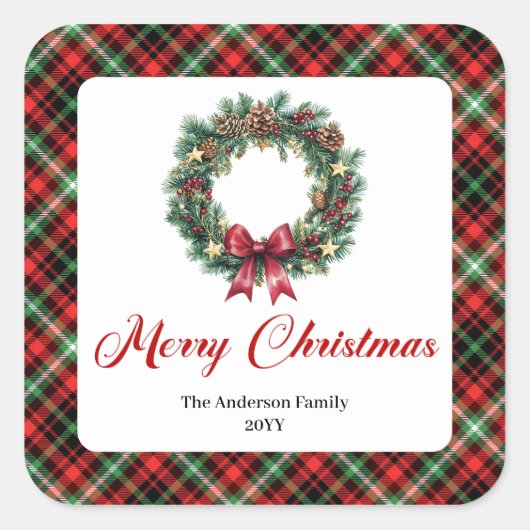 Rustic Christmas Wreath Red Green Plaid Stickers スクエアシール (正面)
