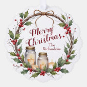 Rustic Christmas Wreath with Holly  オーナメントカード (正面)