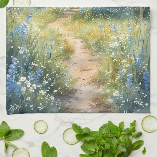 Rustic Church Path in Wildflower Meadow キッチンタオル (折り畳み)