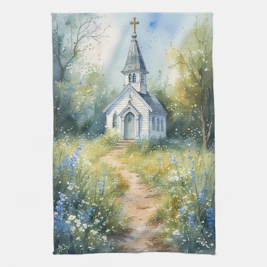 Rustic Church Path in Wildflower Meadow キッチンタオル (縦)