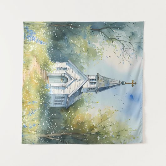 Rustic Church Path in Wildflower Meadow タペストリー (正面(横))