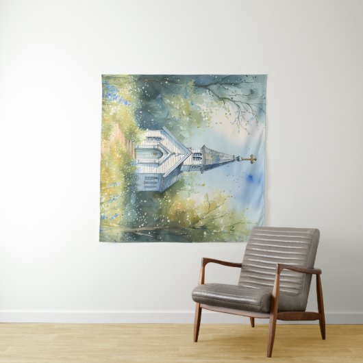 Rustic Church Path in Wildflower Meadow タペストリー (インサイチュ(横))