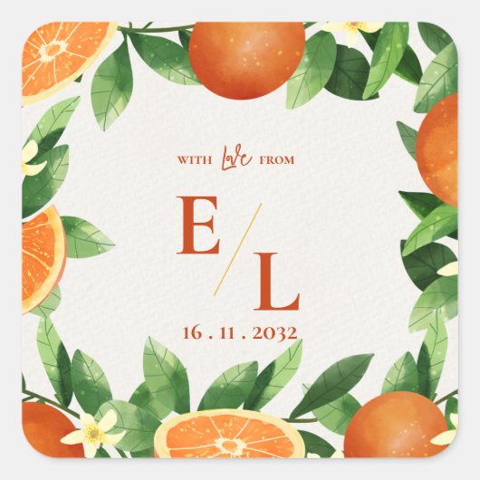 Rustic Citrus Monogram Wedding Favor スクエアシール (正面)
