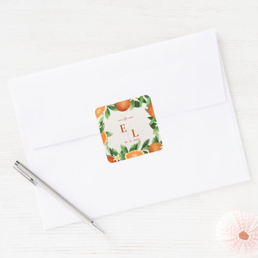 Rustic Citrus Monogram Wedding Favor スクエアシール (封筒)