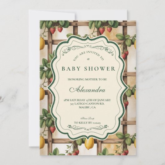 Rustic Citrus Strawberry Baby Shower 招待状 (正面)