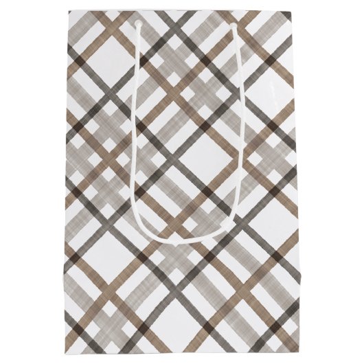 Rustic Classy Elegant Neutral Plaid Pattern ミディアムペーパーバッグ (裏面)