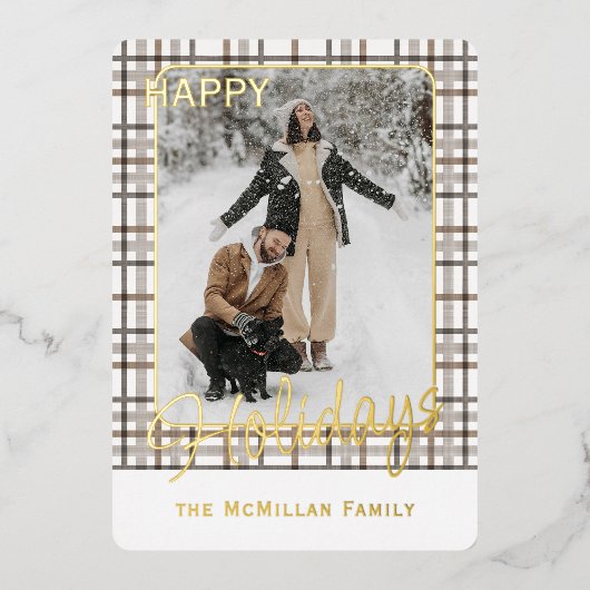 Rustic Classy Elegant Plaid Pattern Gold 箔シーズンカード (正面)