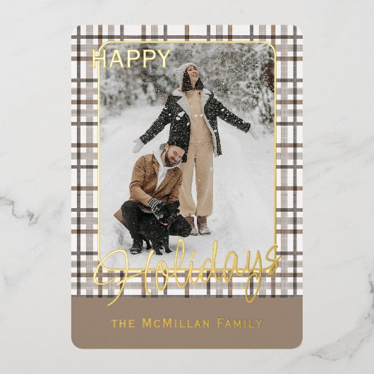 Rustic Classy Elegant Plaid Pattern Gold 箔シーズンカード (正面)