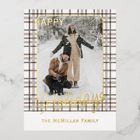 Rustic Classy Elegant Plaid Pattern Gold 箔シーズンポストカード (正面)